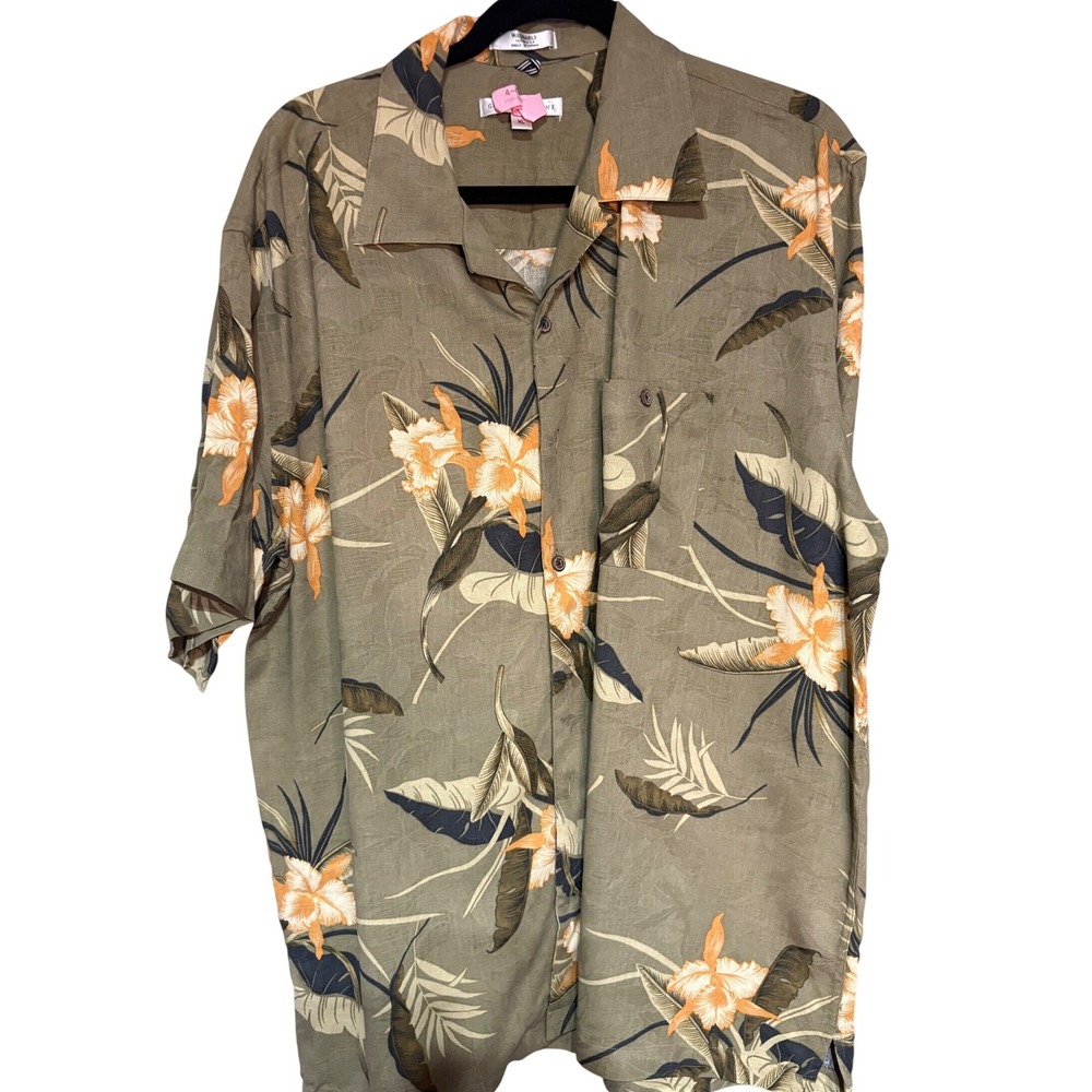 Geoffrey Beene Mens XL Washable Silk Tropical Floral Button Down Shirt Green